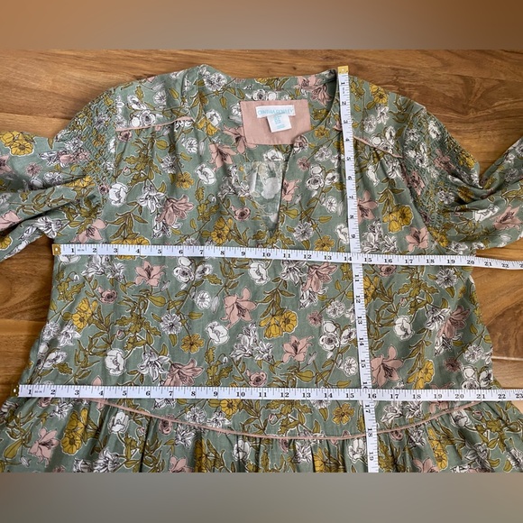 Cynthia Rowley Linen Babydoll Dress Puff Sleeves Floral Boho Green Pink Resort M - Picture 11 of 11